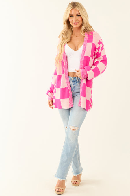 Fuchsia and Dusty Blush Checkerboard Cardigan