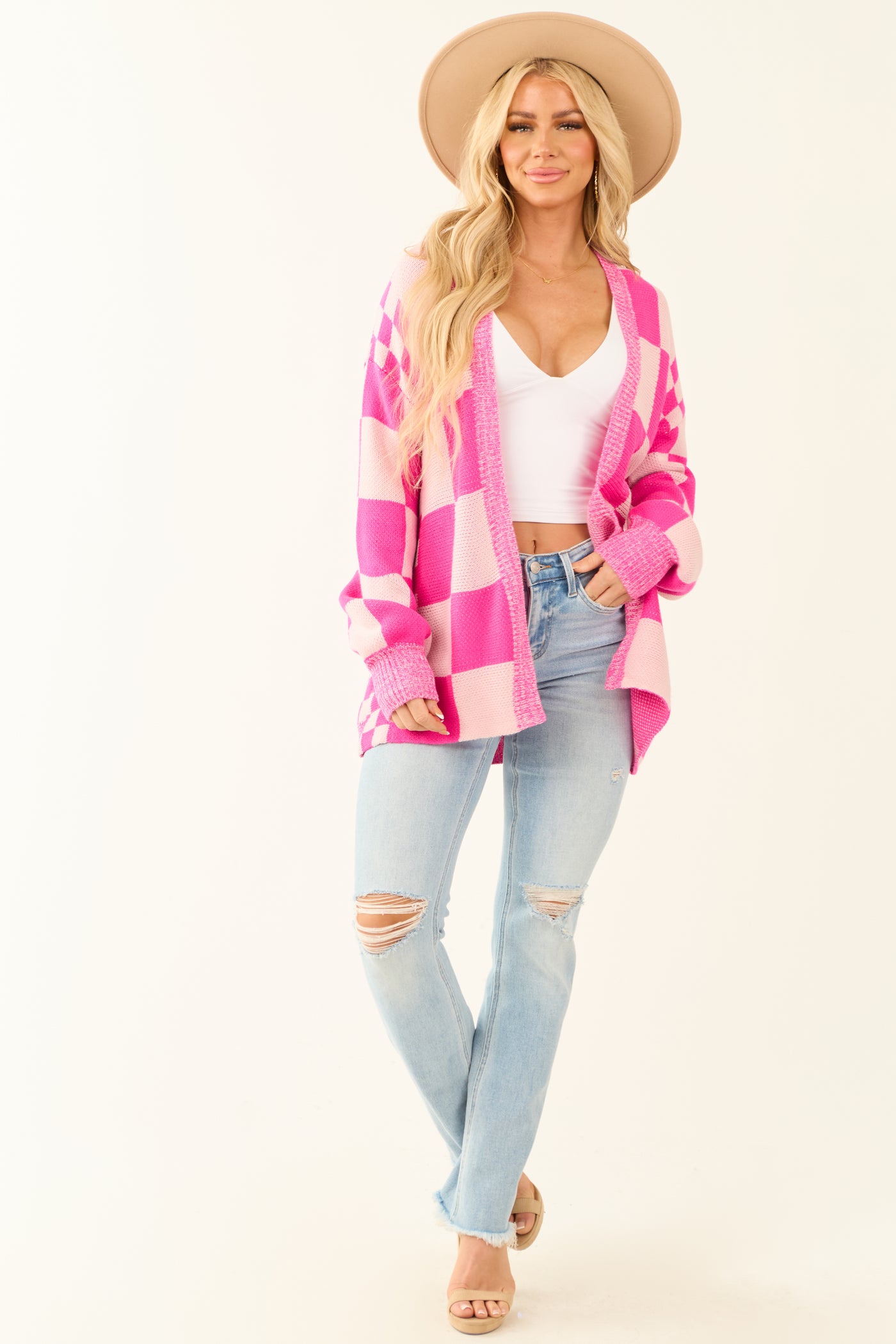 Fuchsia and Dusty Blush Checkerboard Cardigan