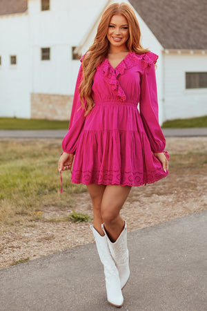 Fuchsia Long Sleeve Eyelet Detail Mini Dress