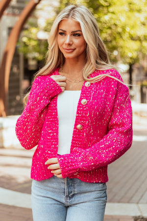 Fuchsia Speckled Yarn Knit Button Up Thick Cardigan