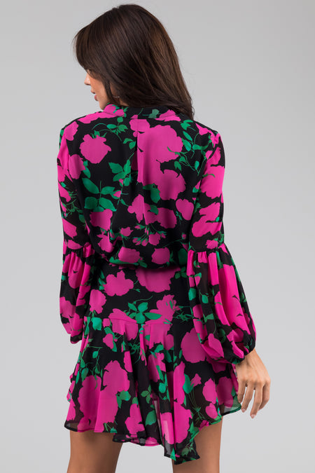 Fuschia Floral Print Long Sleeve Short Dress