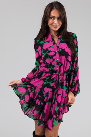 Fuschia Floral Print Long Sleeve Short Dress