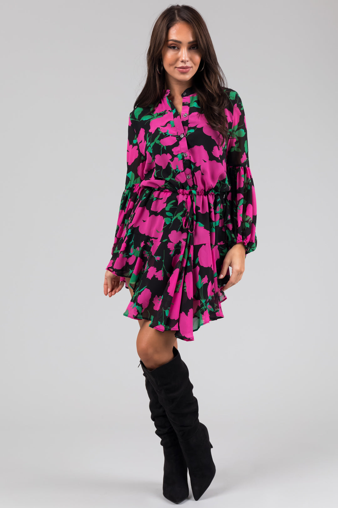 Fuschia Floral Print Long Sleeve Short Dress