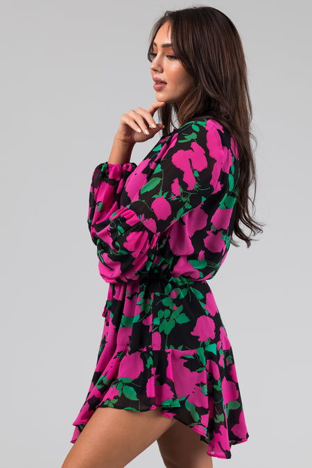 Fuschia Floral Print Long Sleeve Short Dress