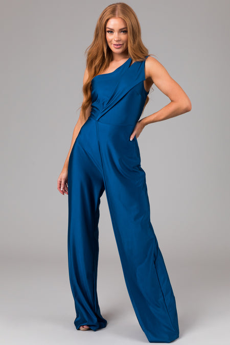 Gigi-S Cobalt One Shoulder Straight Leg Jumpsuit