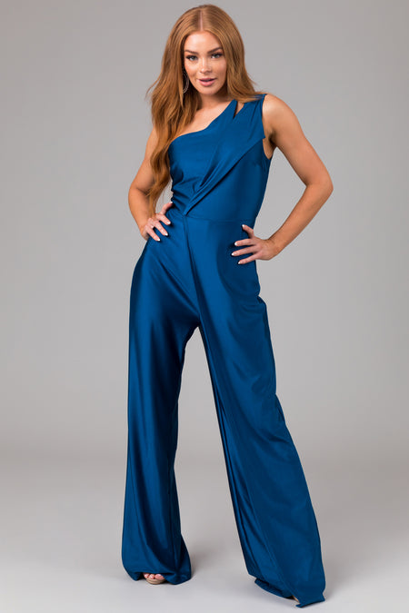 Gigi-S Cobalt One Shoulder Straight Leg Jumpsuit