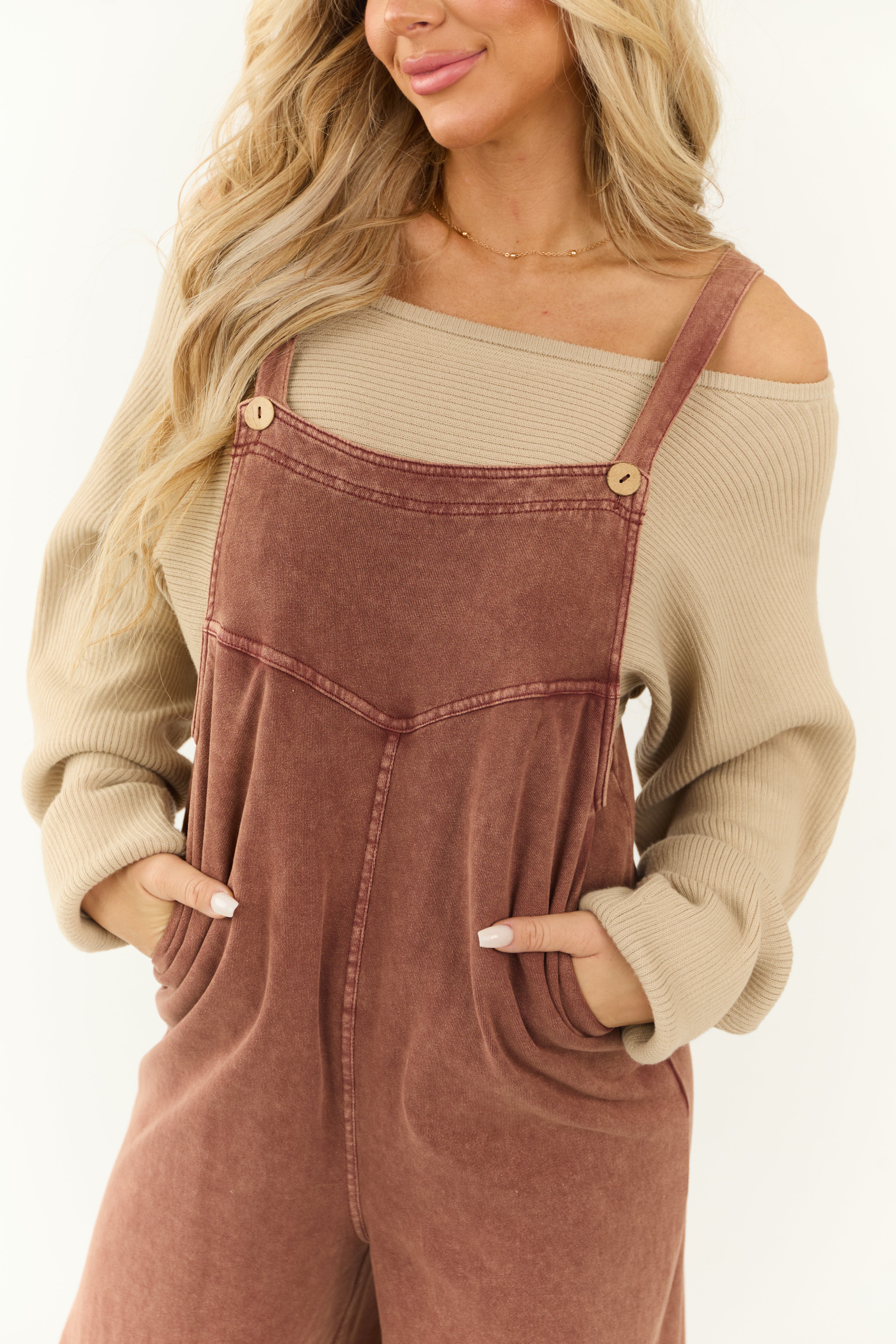 Ginger Mineral Wash Button Strap Overall Jumpsuit