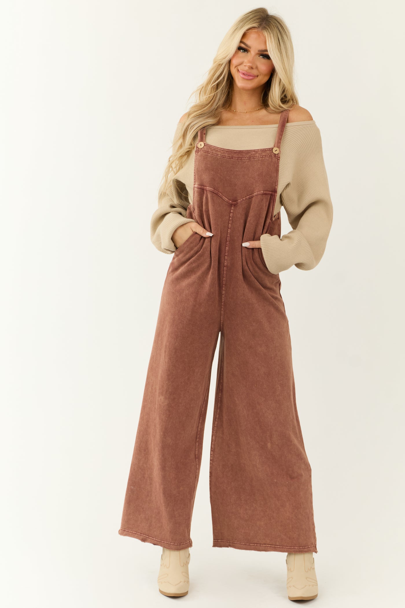 Ginger Mineral Wash Button Strap Overall Jumpsuit