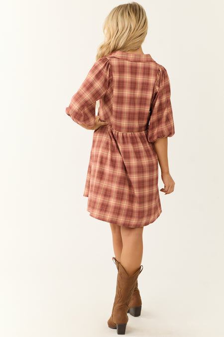 Ginger Plaid Button Down Short Dress with Collar