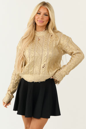 Gold Metallic Foil Cable Knit Cut Out Sweater