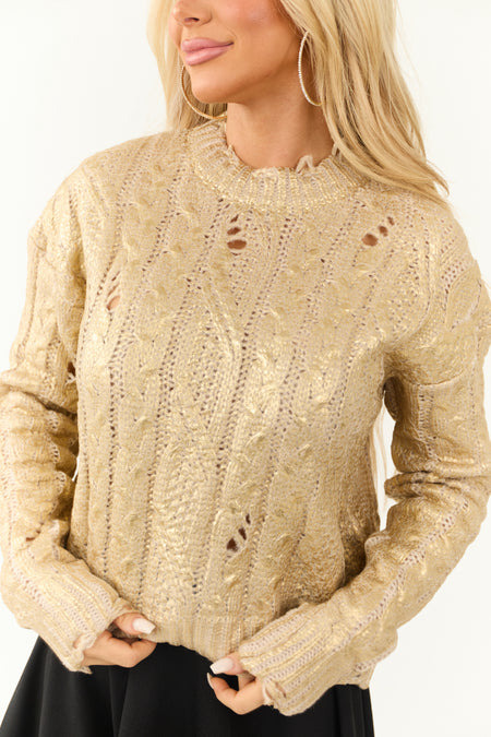 Gold Metallic Foil Cable Knit Cut Out Sweater