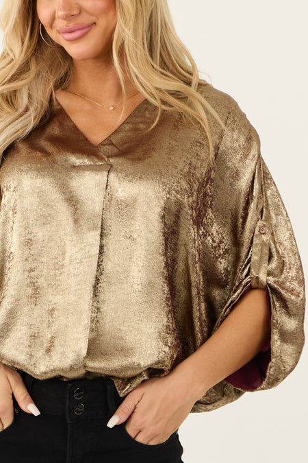 Gold Metallic V Neck Half Sleeve Blouse