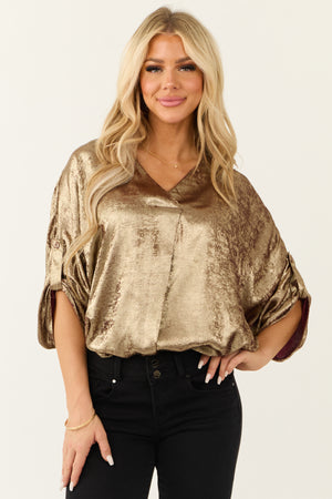 Gold Metallic V Neck Half Sleeve Blouse