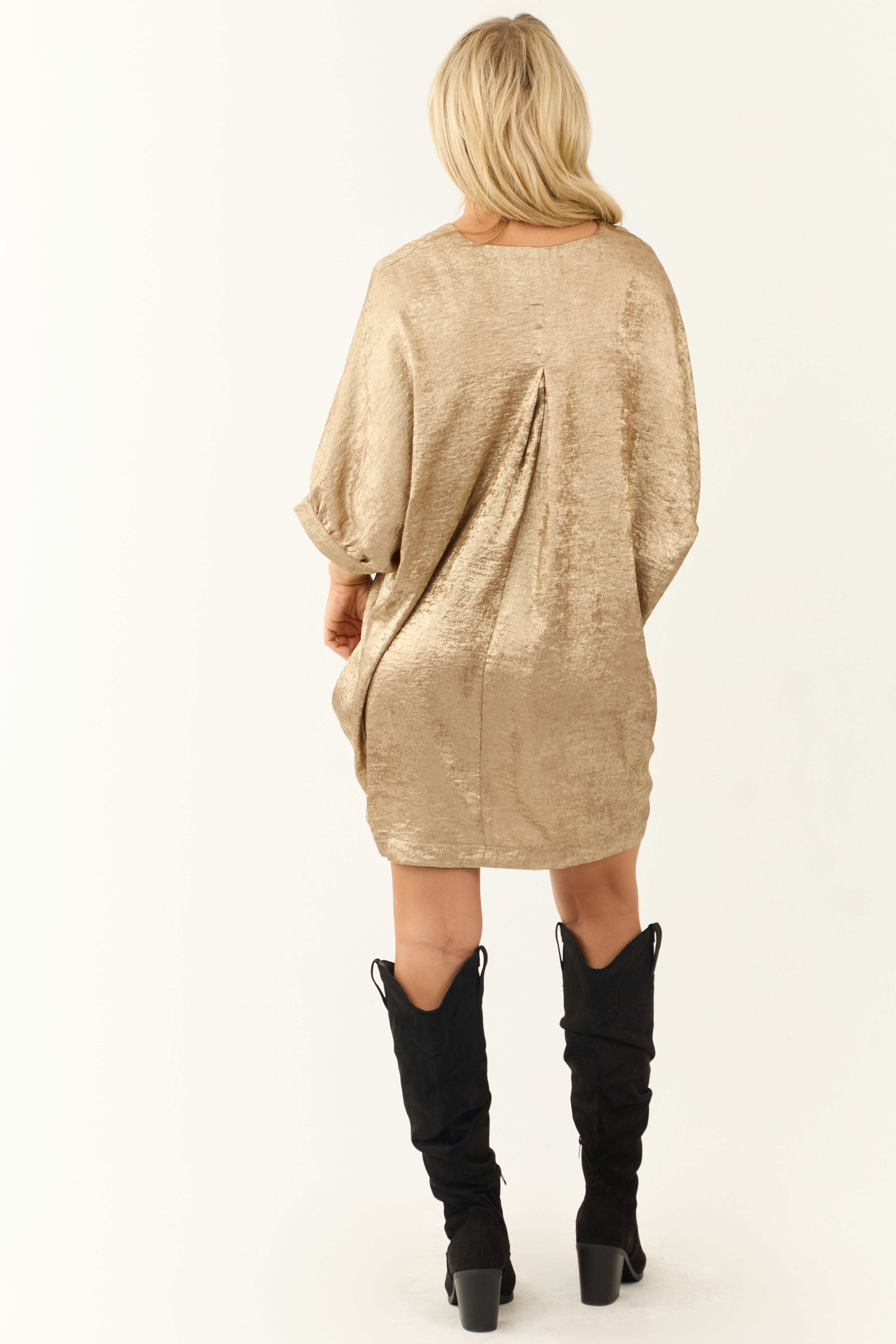 Gold Metallic V Neck Half Sleeve Mini Dress