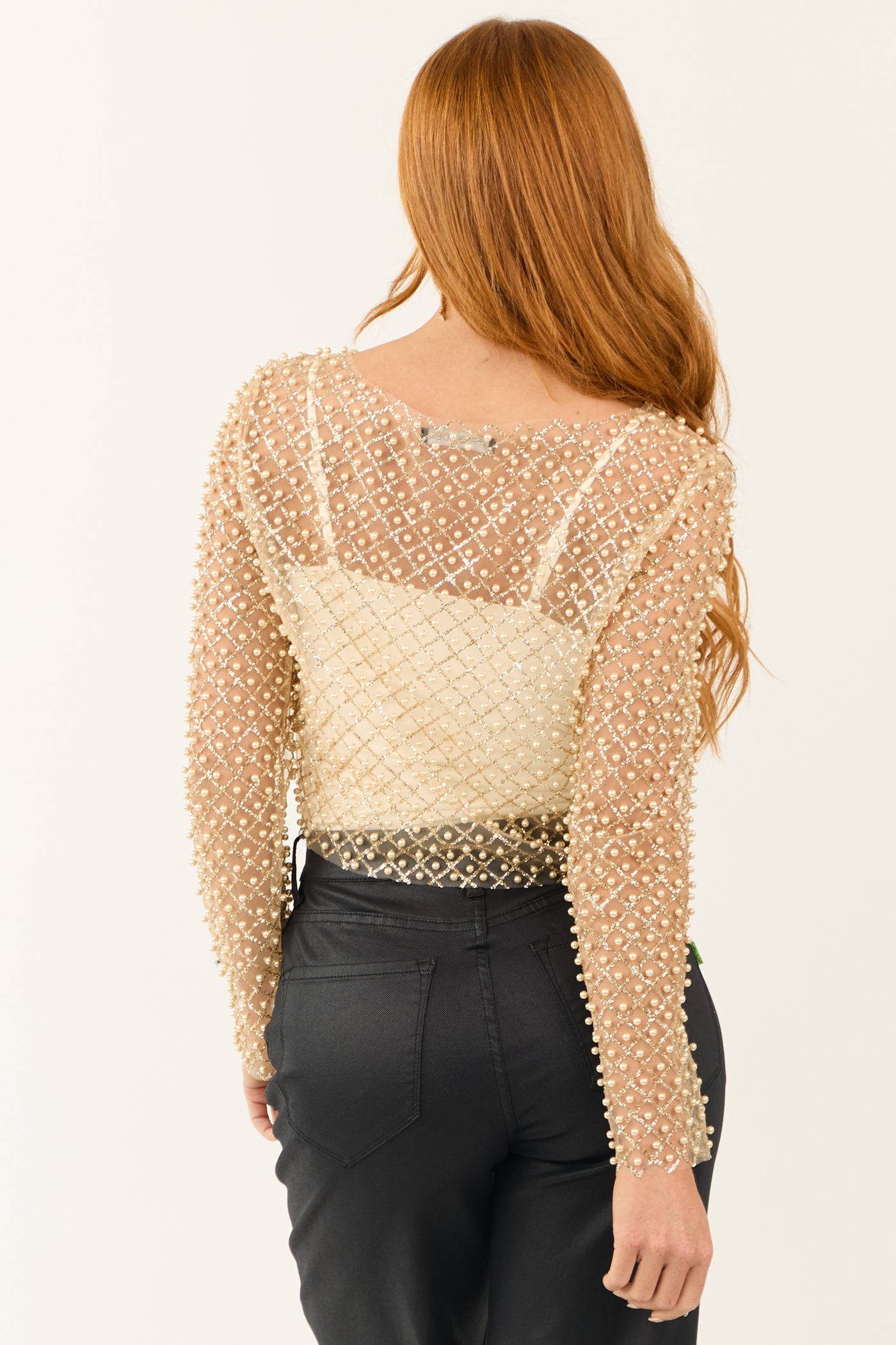 Gold Pearl Embellished Long Sleeve Mesh Top