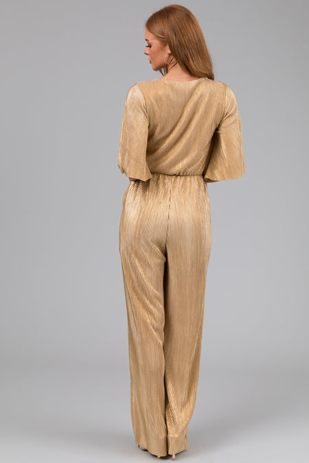 Gold Plisse Surplice Tie Front Jumpsuit