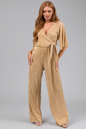 Gold Plisse Surplice Tie Front Jumpsuit