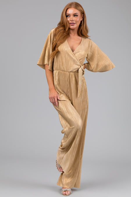 Gold Plisse Surplice Tie Front Jumpsuit