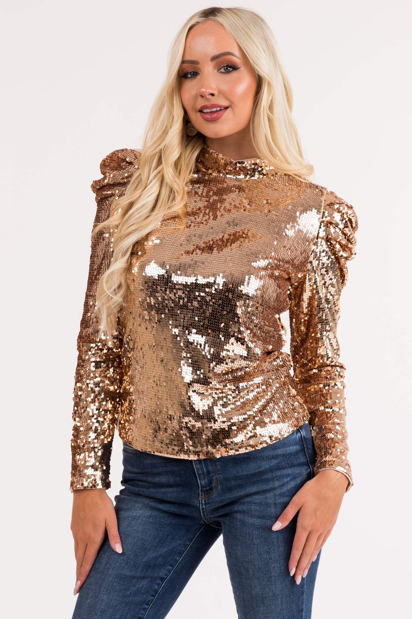 Gold Sequin Mock Neck Bubble Sleeve Top | Lime Lush