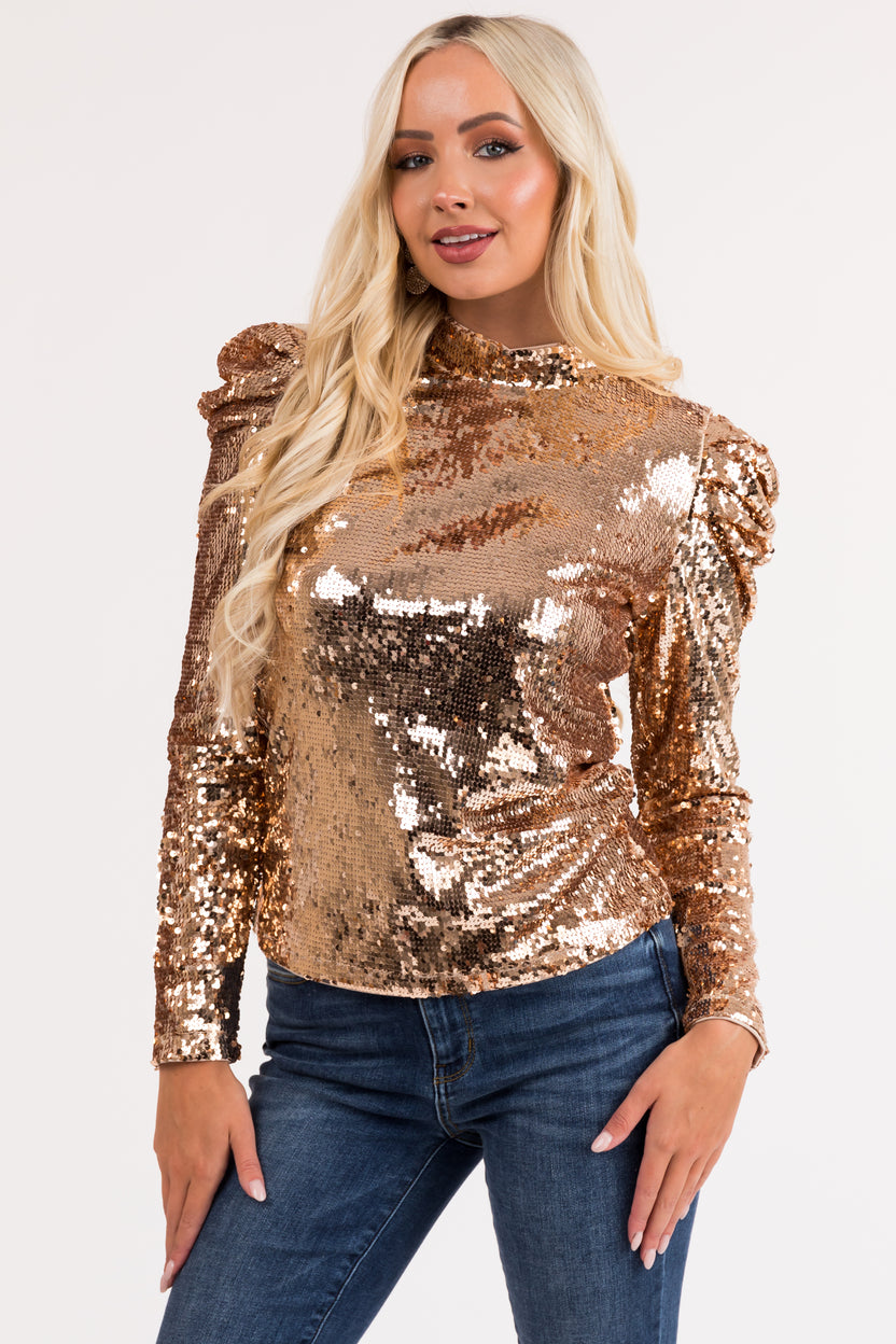 Gold Sequin Mock Neck Bubble Sleeve Top