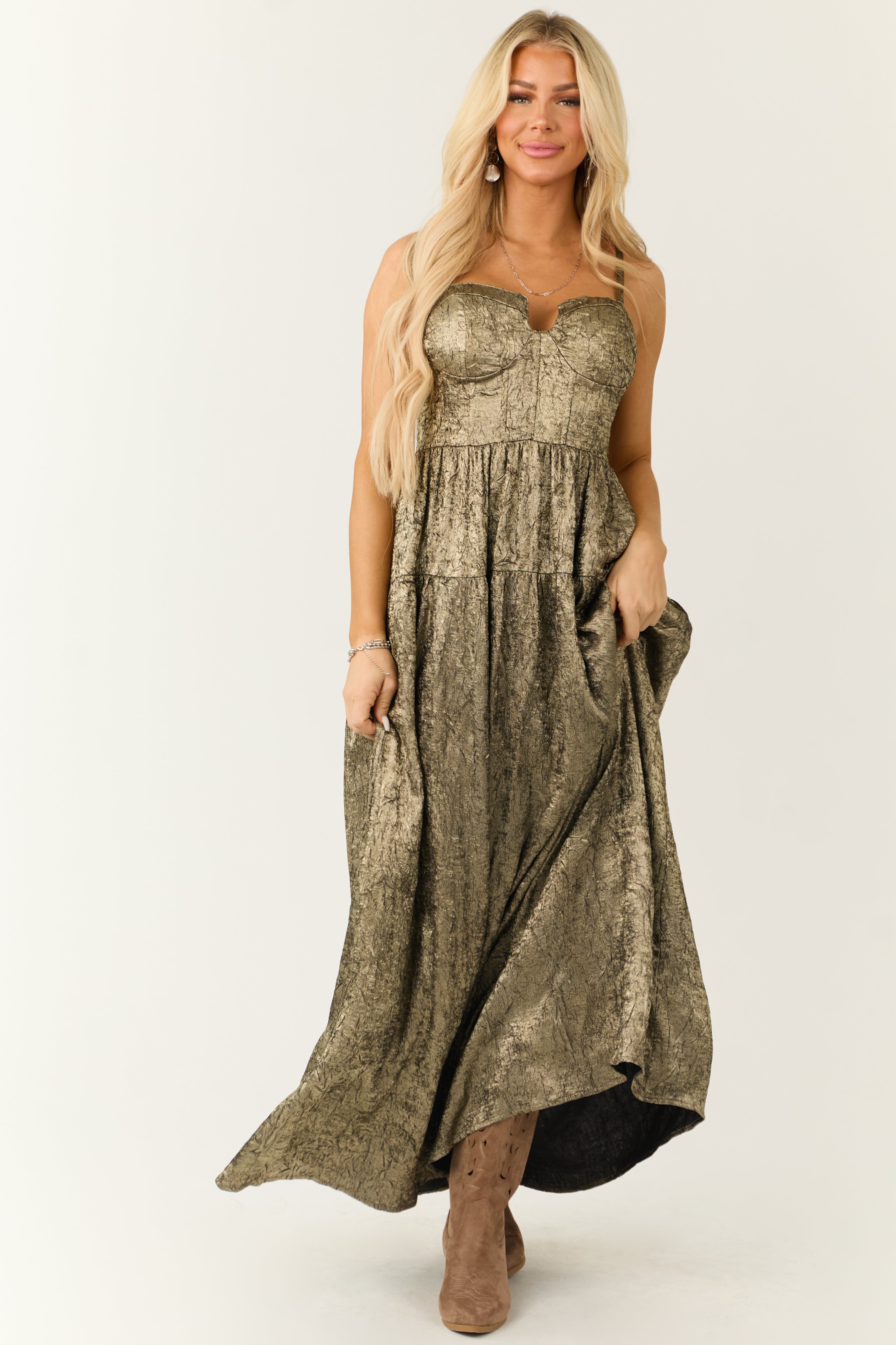 Gold Textured Metallic Corset Sleeveless Maxi Dress