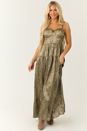 Gold Textured Metallic Corset Sleeveless Maxi Dress