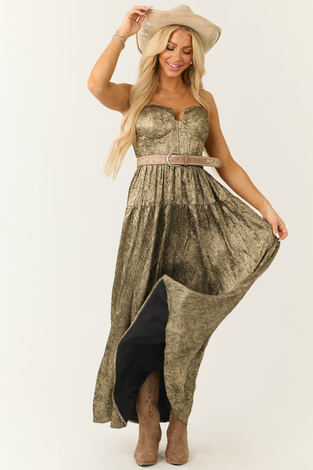 Gold Textured Metallic Corset Sleeveless Maxi Dress