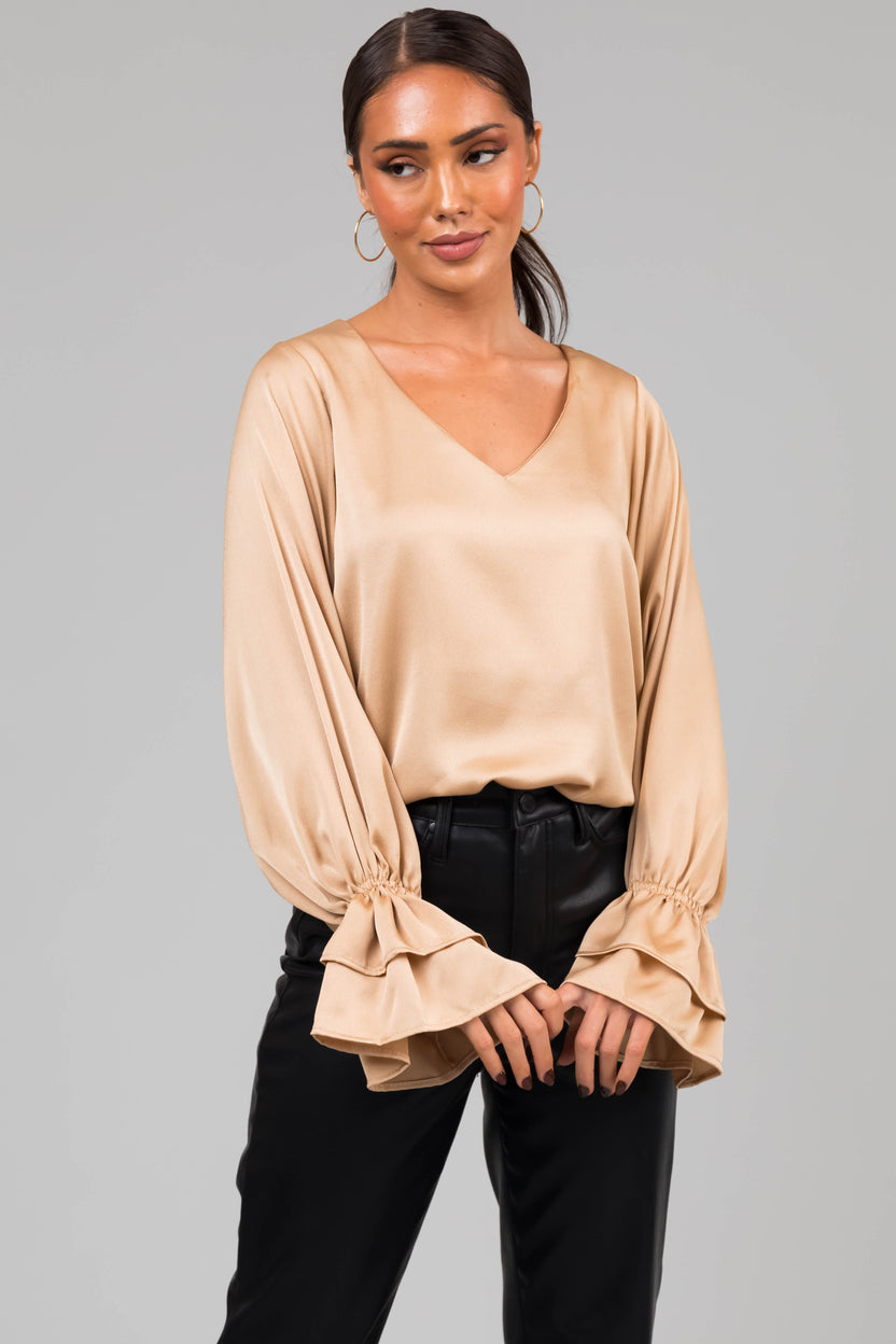 Gold V Neck Ruffle Cuff Satin Blouse