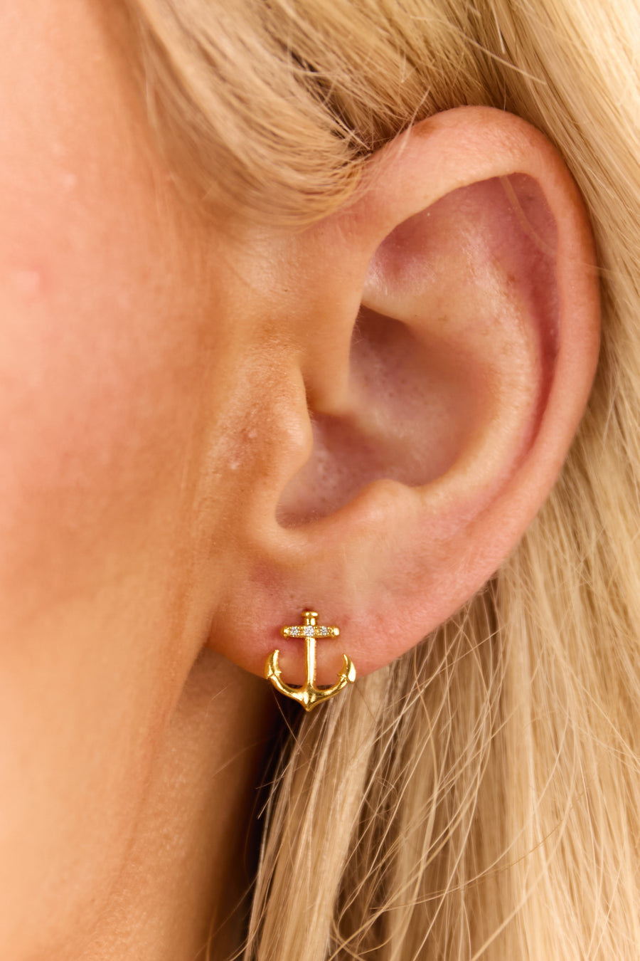 Gold Anchor Rhinestone Detail Stud Earrings