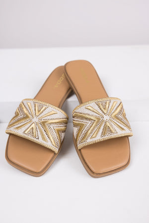 Gold Aztec Band Square Toe Slide Sandals