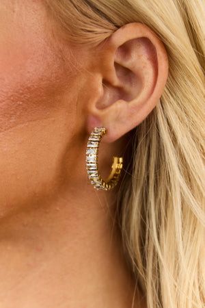 Gold Baguette Rhinestone Hoop Earrings