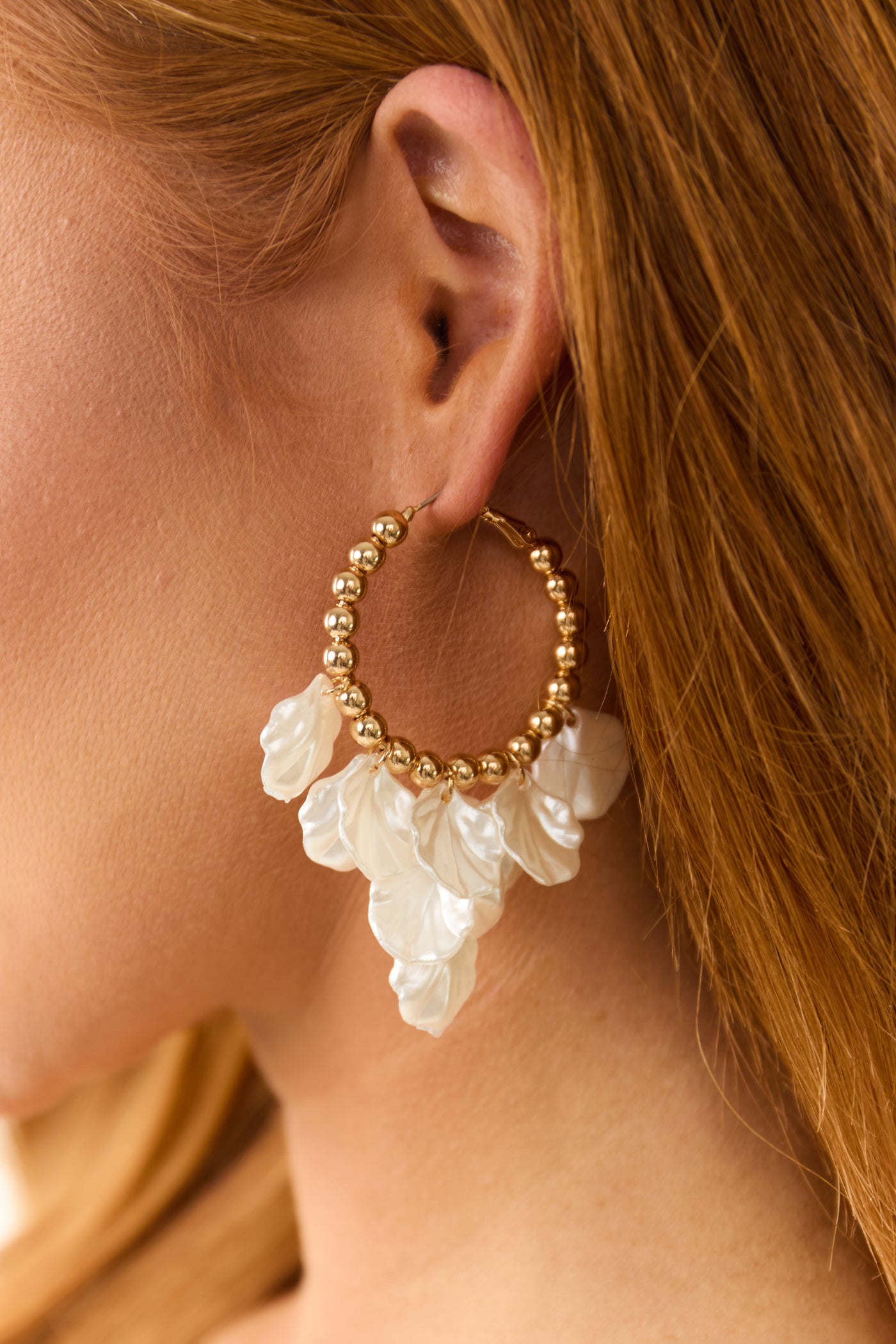 Gold Bead Hoop Earrings with Pearl Petal Charms