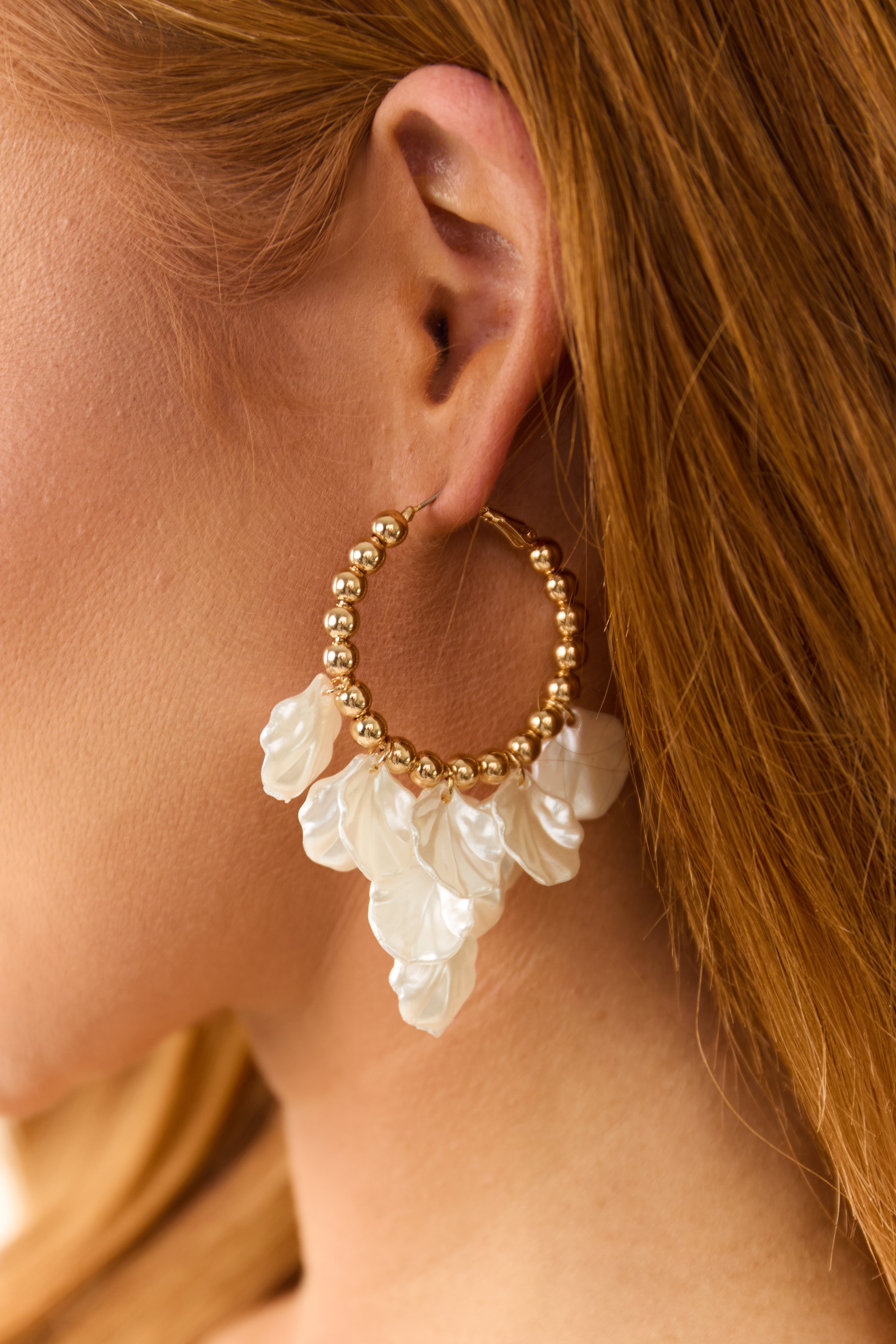 Gold Bead Hoop Earrings with Pearl Petal Charms