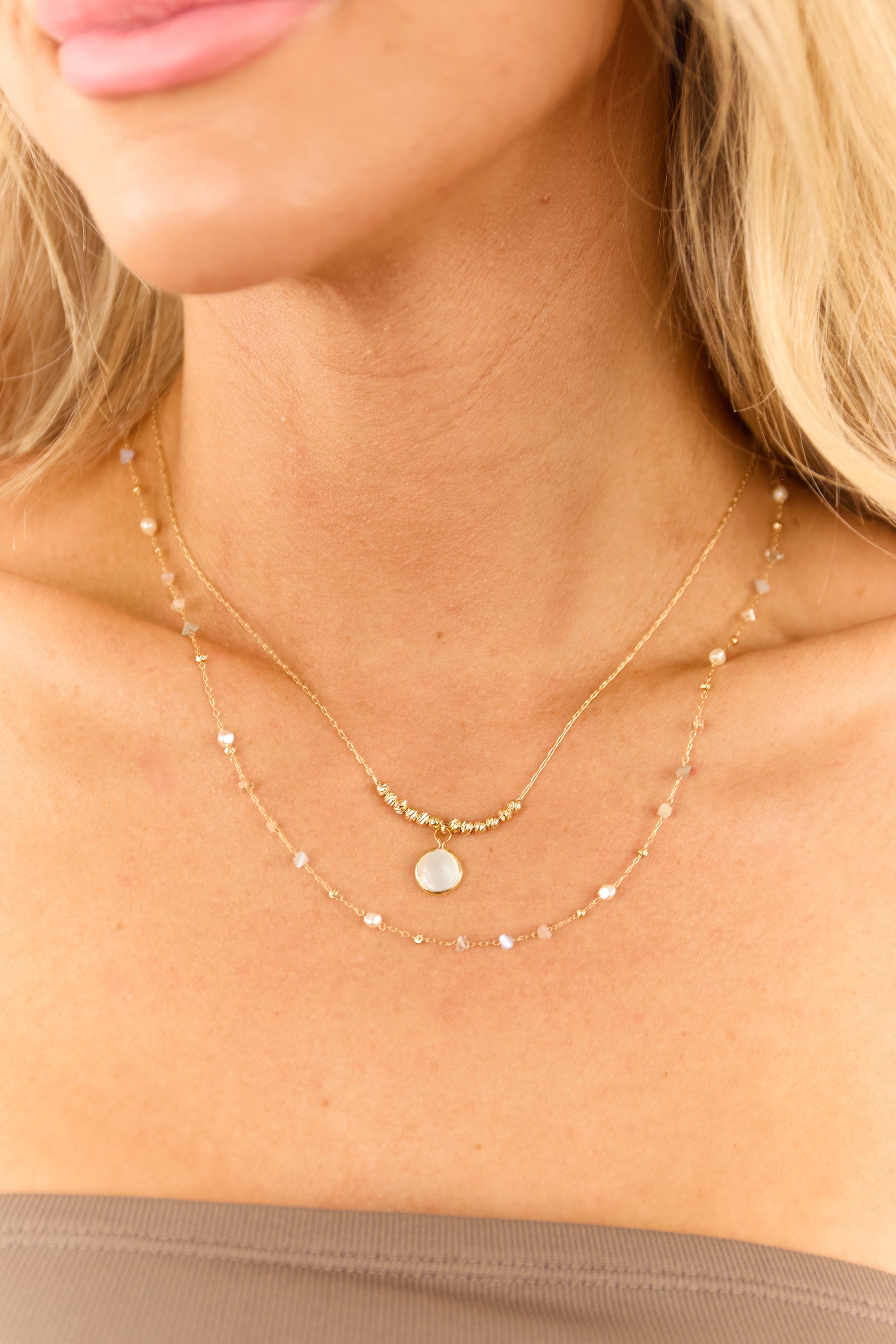 Gold Beaded Layered Pearl Disc Necklace