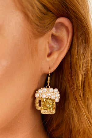 Gold Beer Mug Pearl Detail Drop Earrings