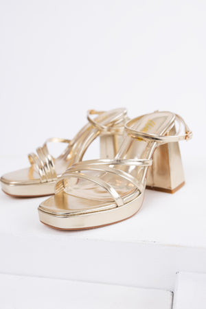 Gold Block Heel Strappy Dress Sandals