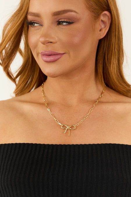 Gold Bow Knot Paperclip Chain Link Necklace