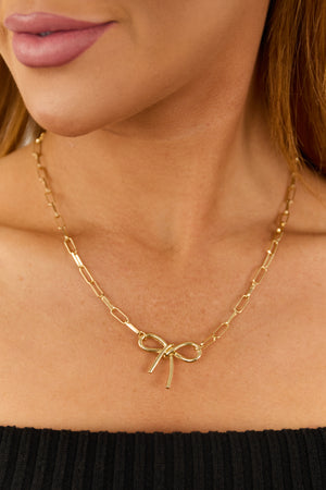 Gold Bow Knot Paperclip Chain Link Necklace