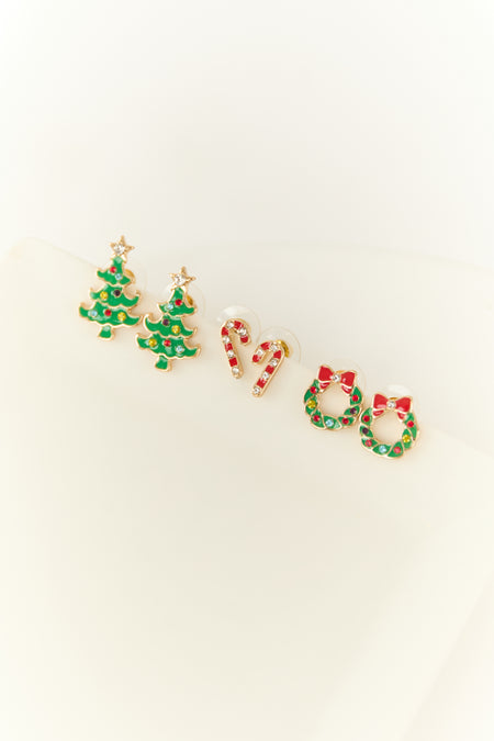 Gold Christmas Stud 3 Piece Earring Set