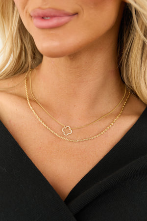 Gold Clover Pendant Layered Rope Chain Necklace