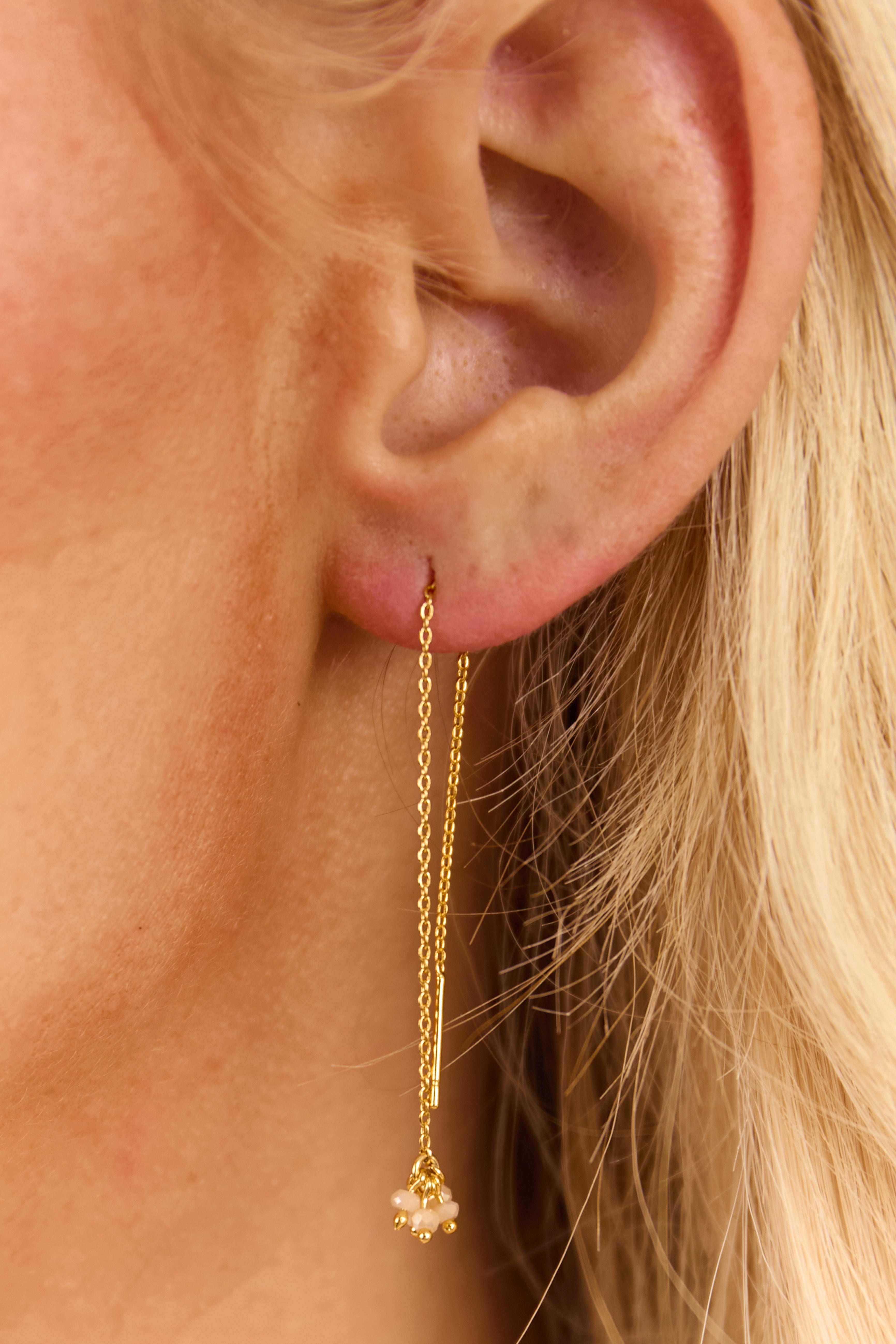 Gold Cluster Beads Threader Chain Earrings