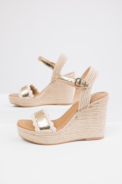 Gold Crochet Trim Strap Espadrille Wedges