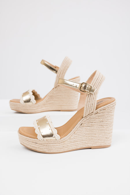 Gold Crochet Trim Strap Espadrille Wedges