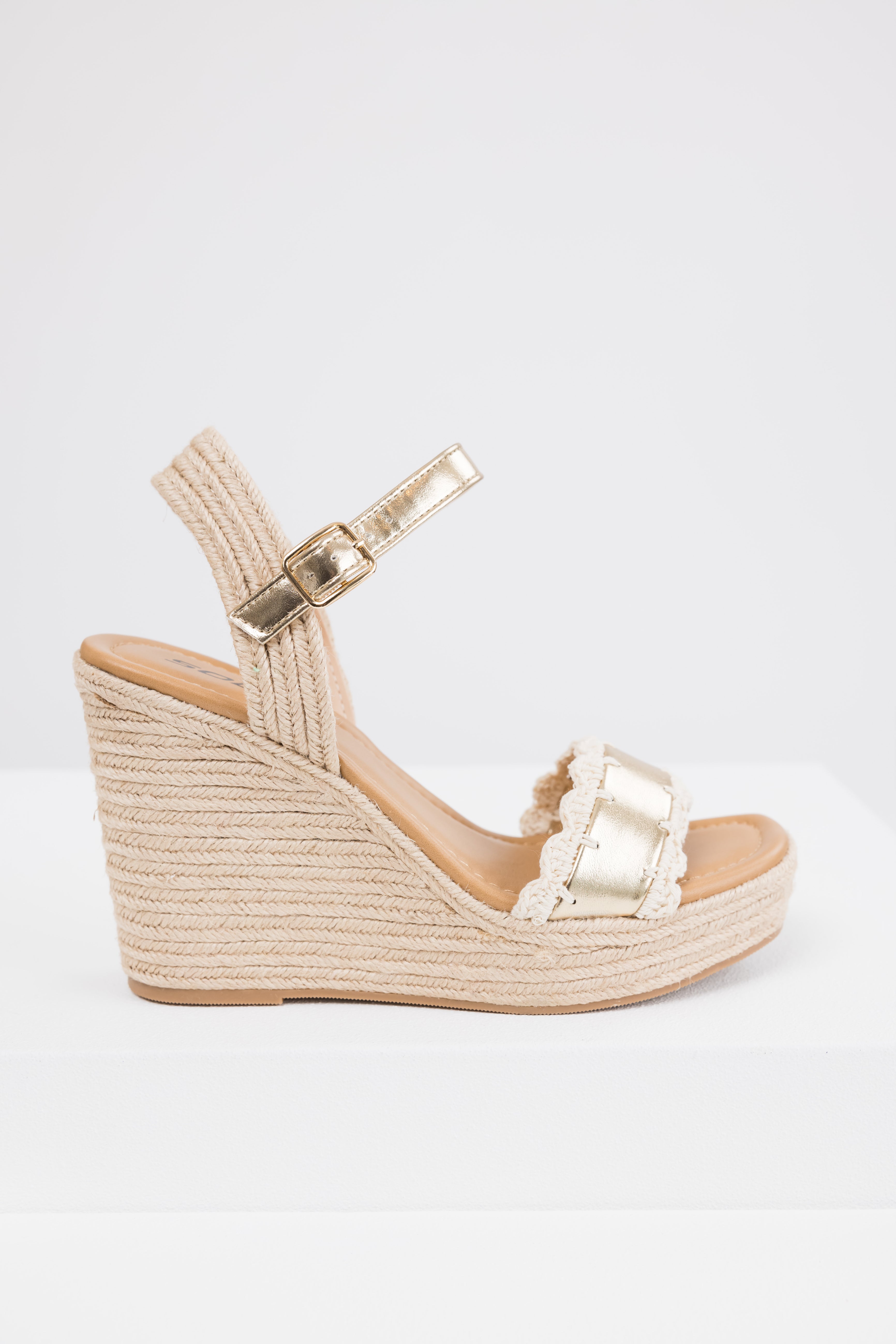 Gold Crochet Trim Strap Espadrille Wedges