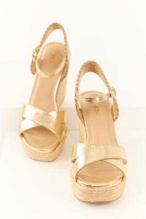 Gold Cross Strap Platform Espadrille Wedges