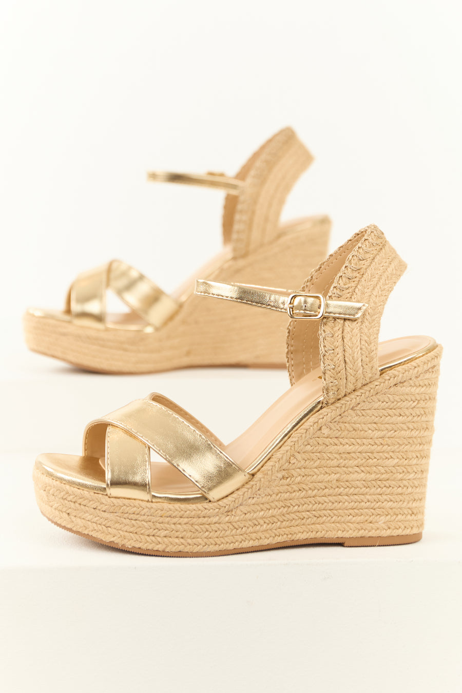 Gold Cross Strap Platform Espadrille Wedges