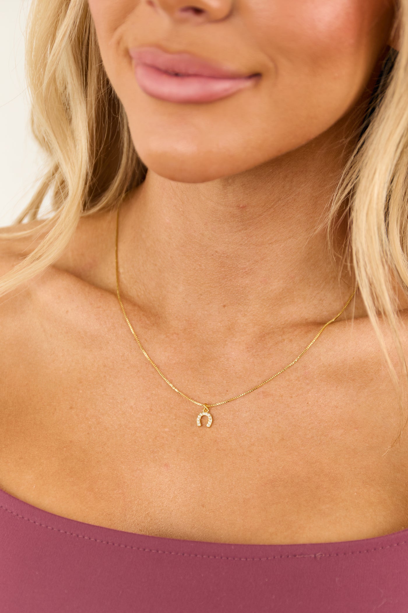 Gold Dainty Horseshoe Charm Box Chain Necklace