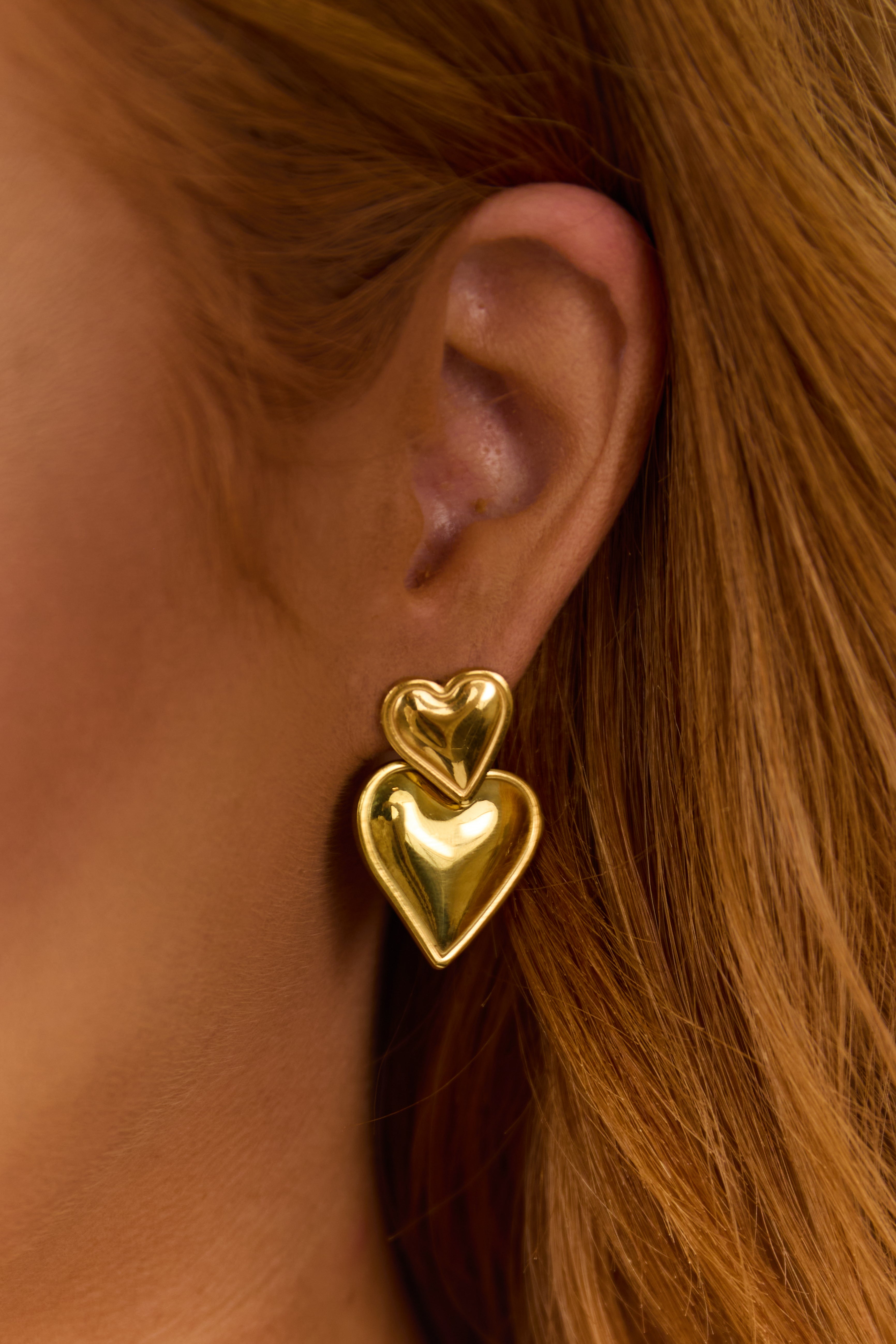 Gold Double Heart Drop Earrings