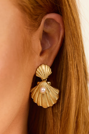 Gold Double Shell Pearl Detail Drop Earrings