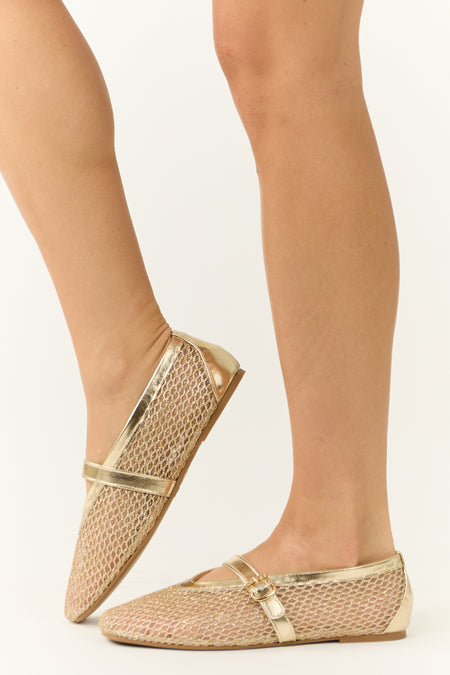 Gold Glitter Geometric Mesh Rounded Toe Flats